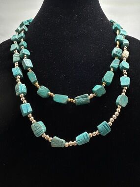 2 Gold And Turquoise Dyed Stone Necklaces, Awesome Set